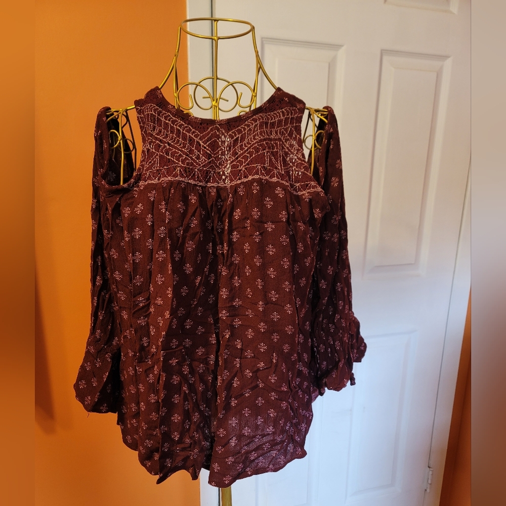 Lucky Brand Red Smocked Blouse with Cream Details